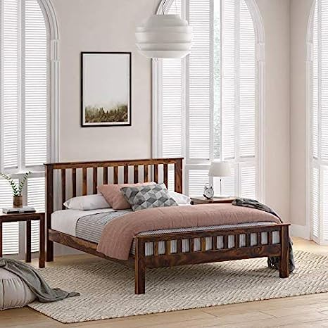 Sheesham Queen Bed: Solid Wood, Storage-Less Bedroom.