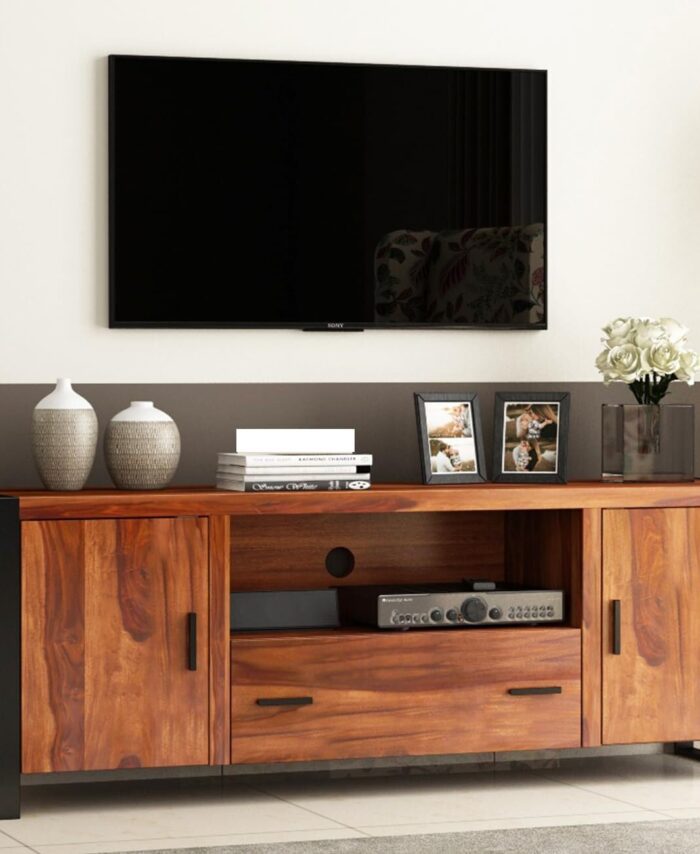 Sheesham TV Unit: Honey, Drawer, Shelf Storage.