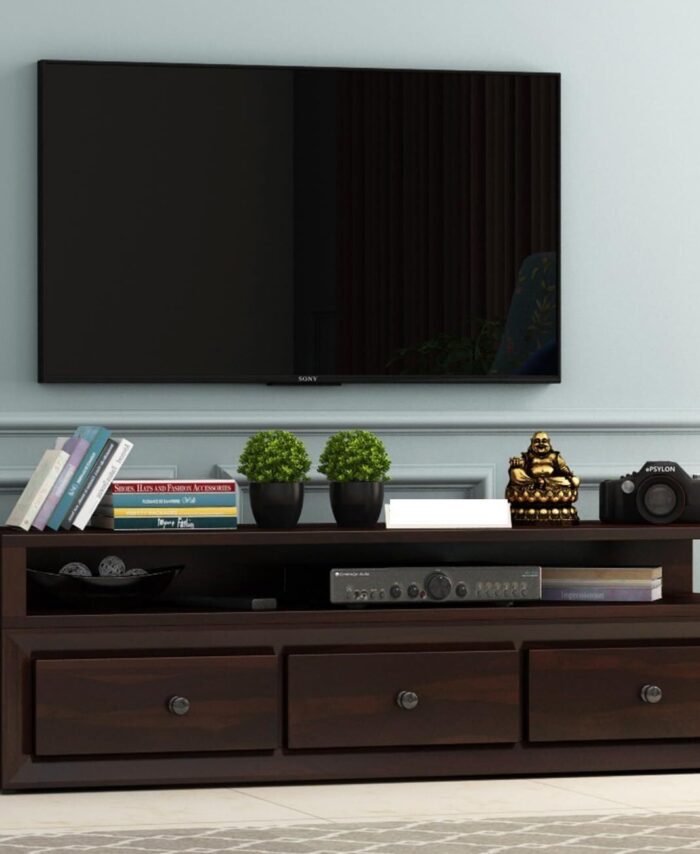 Sheesham TV Unit: Dark Walnut, 3 Drawers, 1 Shelf.