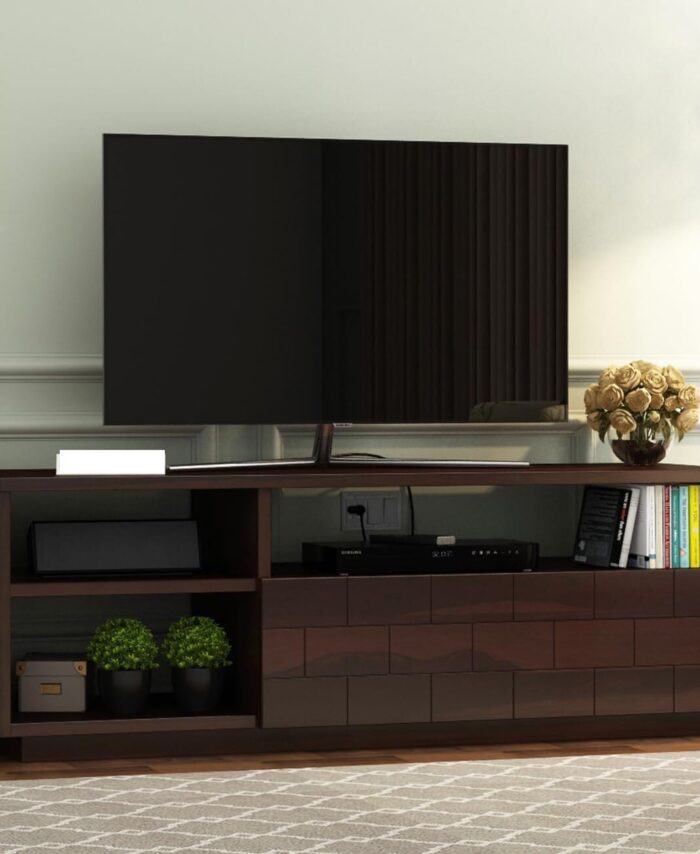 Sheesham Wood TV Unit: Dark Walnut, Shelves, Drawer Storage.