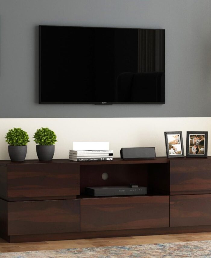 Sheesham Wood TV Unit: Dark Walnut, 5 Drawers, 1 Shelf.