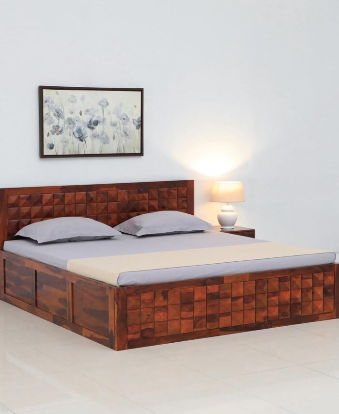 Sheesham Wood King Bed: Box Storage, Functional Wooden Cot.