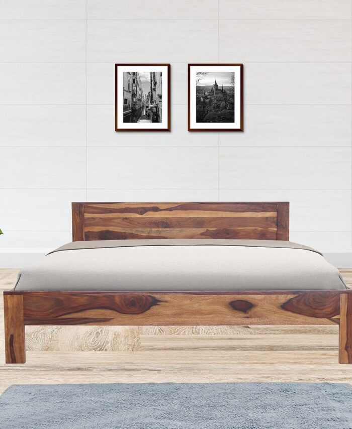 Sheesham Wood Queen Bed: No Storage, Functional Solid Wooden.