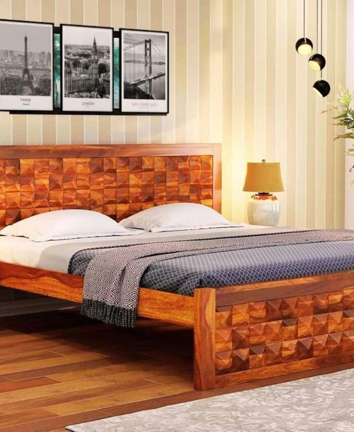 Sheesham Wood King Bed: No Storage, Solid Wooden Cot, Home.