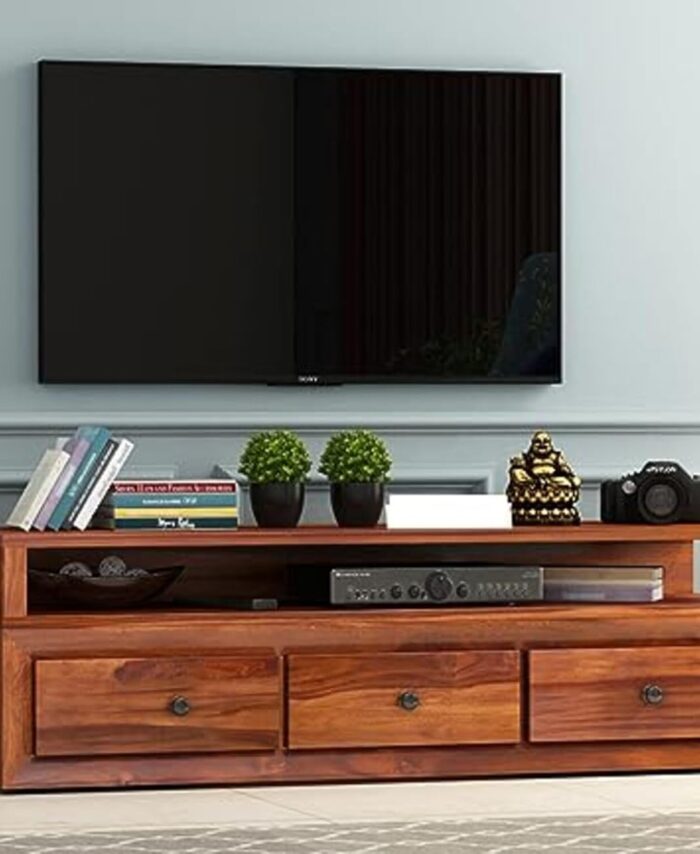 Sheesham Wood TV Unit: Oak Honey, 3 Drawers, 1 Shelf.