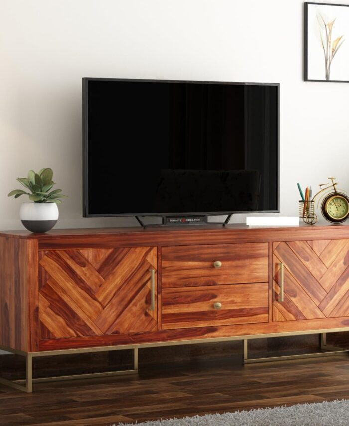 Sheesham TV Unit: Honey, 2 Doors, 3 Storage.