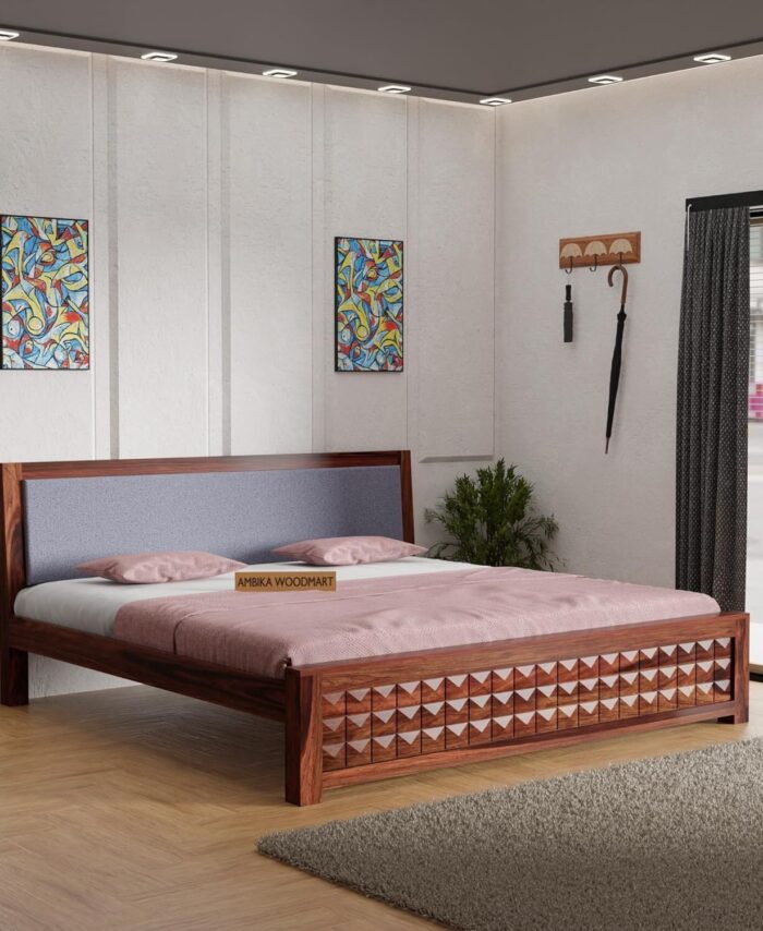 Sheesham Wood King Bed: No Storage, Elegant Bedroom Furniture.