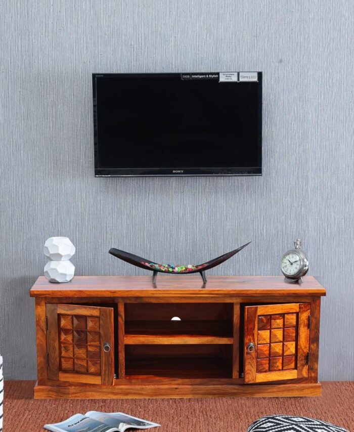 Sheesham TV Cabinet: Honey, 2 Doors, Shelf.