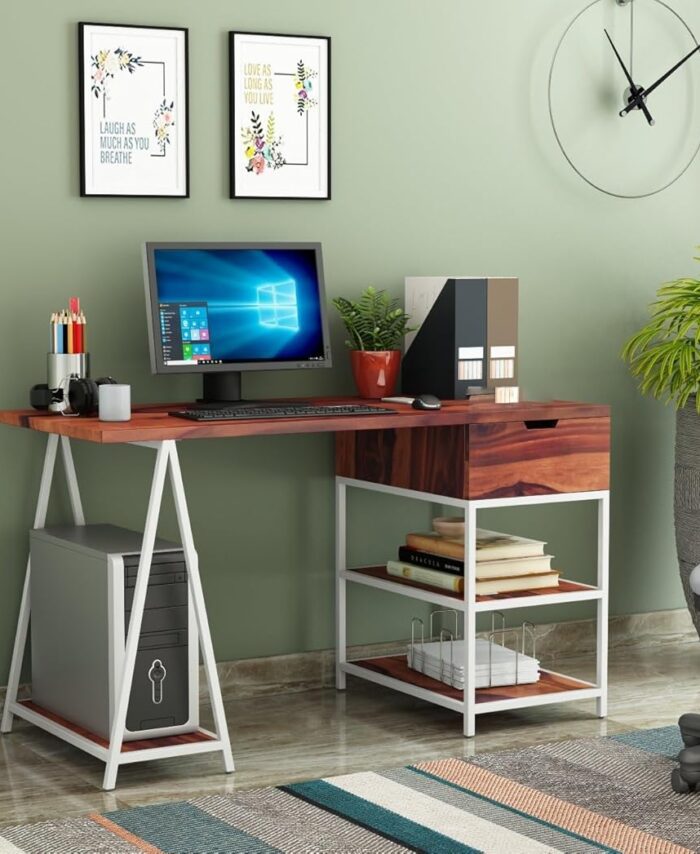 Sheesham Computer Desk: Solid Wood, WFH Storage.