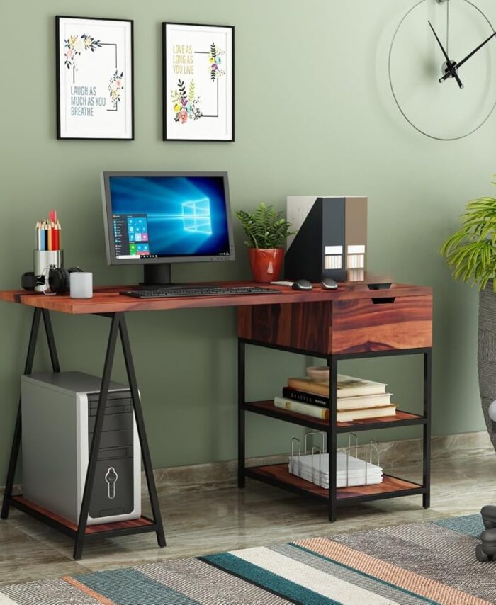 Sheesham Desk: Adult Home Office, Drawers, Shelf.
