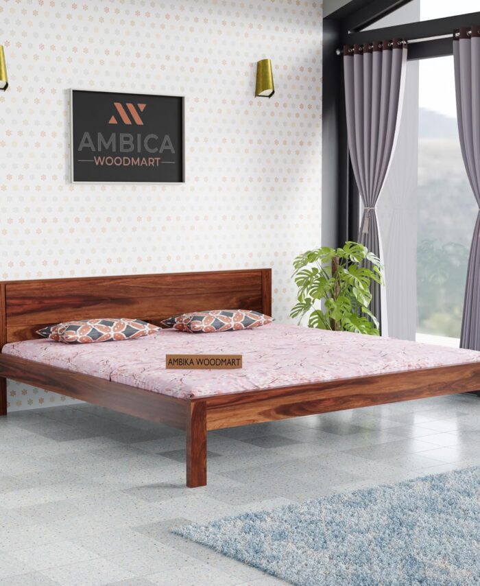 Sheesham King Bed: Walnut, No Storage, Functional.