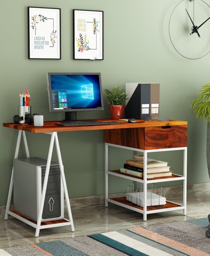 Sheesham Desk: Adult Laptop, Drawer, Shelf Storage.